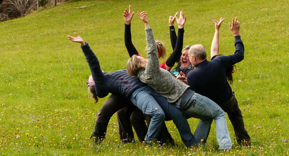 Das Team der Flugschule Pappus jubelt mit erhobenen Armen auf einer Blumenwiese